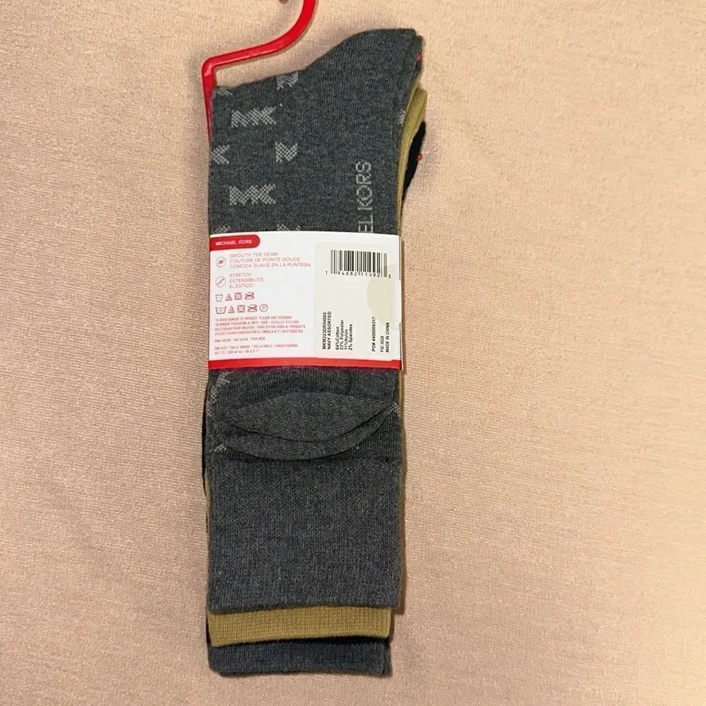 Michael Kors Men’s Pack of 3 Pairs Dress Crew Socks Navy Silver Gray Mustard